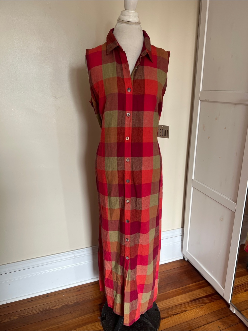 NWT Vintage Teddi Plaid Sleeveless Maxi Shirt Dress Red Tan Button Front XL